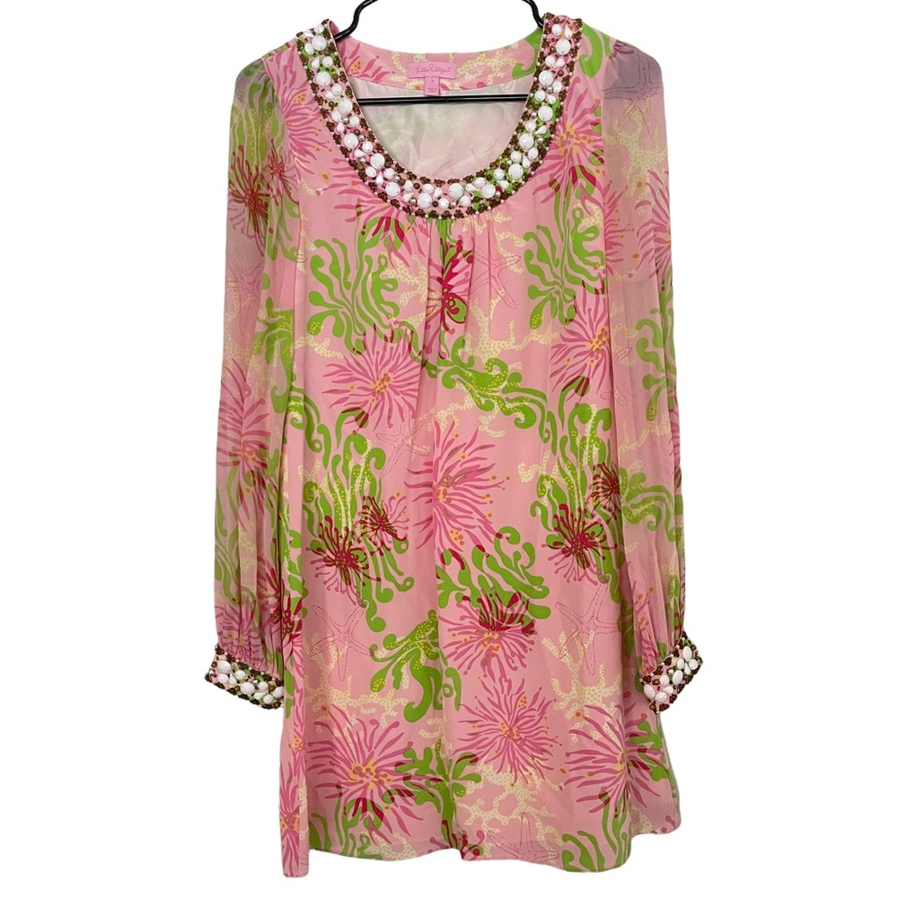 Lilly Pulitzer Silk Pink and Green Beaded Harper Dress in Dirty Shirley Size 0